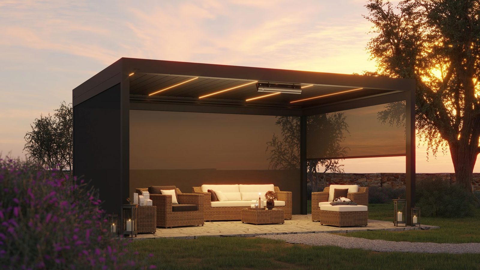 Brustor B160XL pergola u večernjem ambijentu.